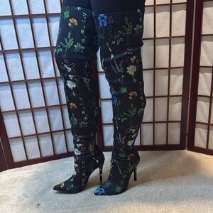 Shoedazzle Neysa Thigh High Booties Heels In Black Floral Size 8.5
